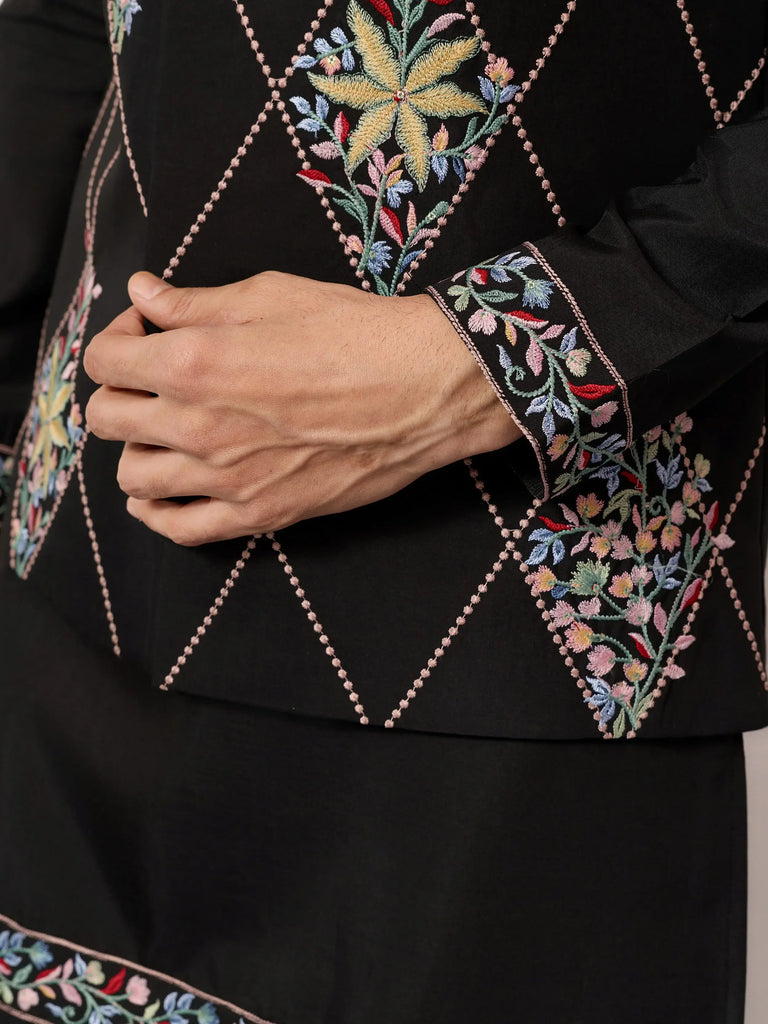 Great Black Embroidered Silk Wedding Wear Men’s Kurta Set With Jacket