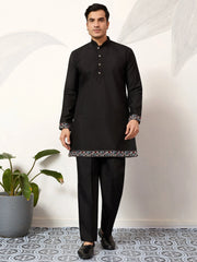 Great Black Embroidered Silk Wedding Wear Men’s Kurta Set With Jacket