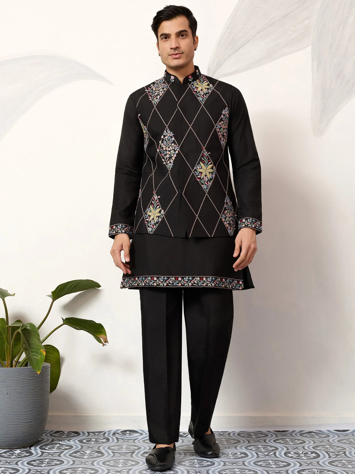 Great Black Embroidered Silk Wedding Wear Men’s Kurta Set With Jacket