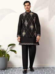 Great Black Embroidered Silk Wedding Wear Men’s Kurta Set With Jacket