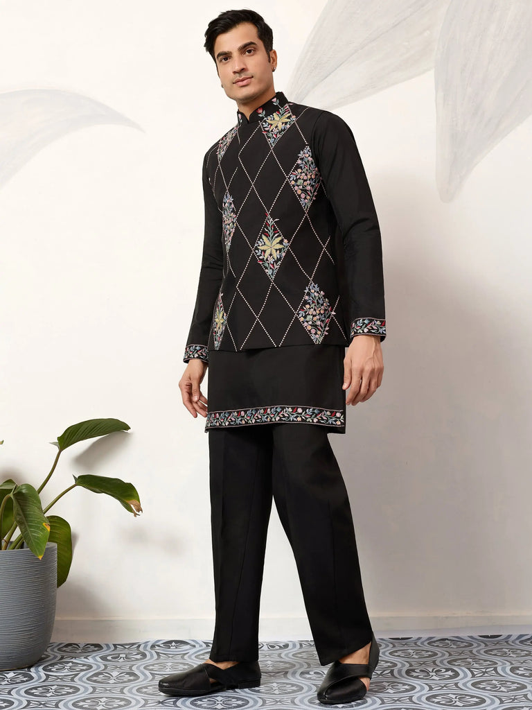 Great Black Embroidered Silk Wedding Wear Men’s Kurta Set With Jacket