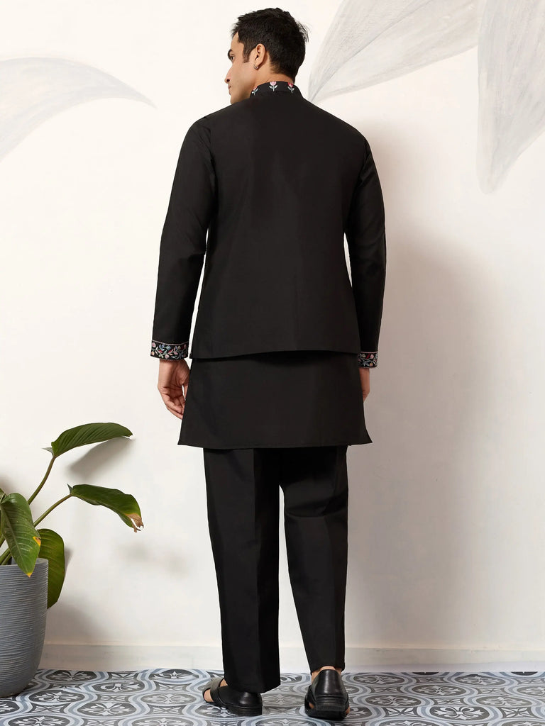 Great Black Embroidered Silk Wedding Wear Men’s Kurta Set With Jacket