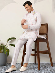 Lovely White Embroidered Silk Festive Wear Men’s Kurta Set With Jacket