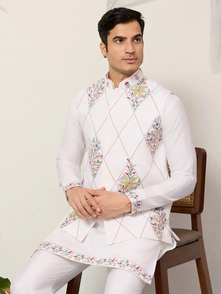 Lovely White Embroidered Silk Festive Wear Men’s Kurta Set With Jacket