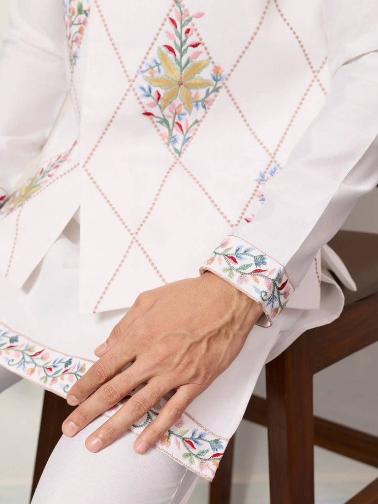 Lovely White Embroidered Silk Festive Wear Men’s Kurta Set With Jacket