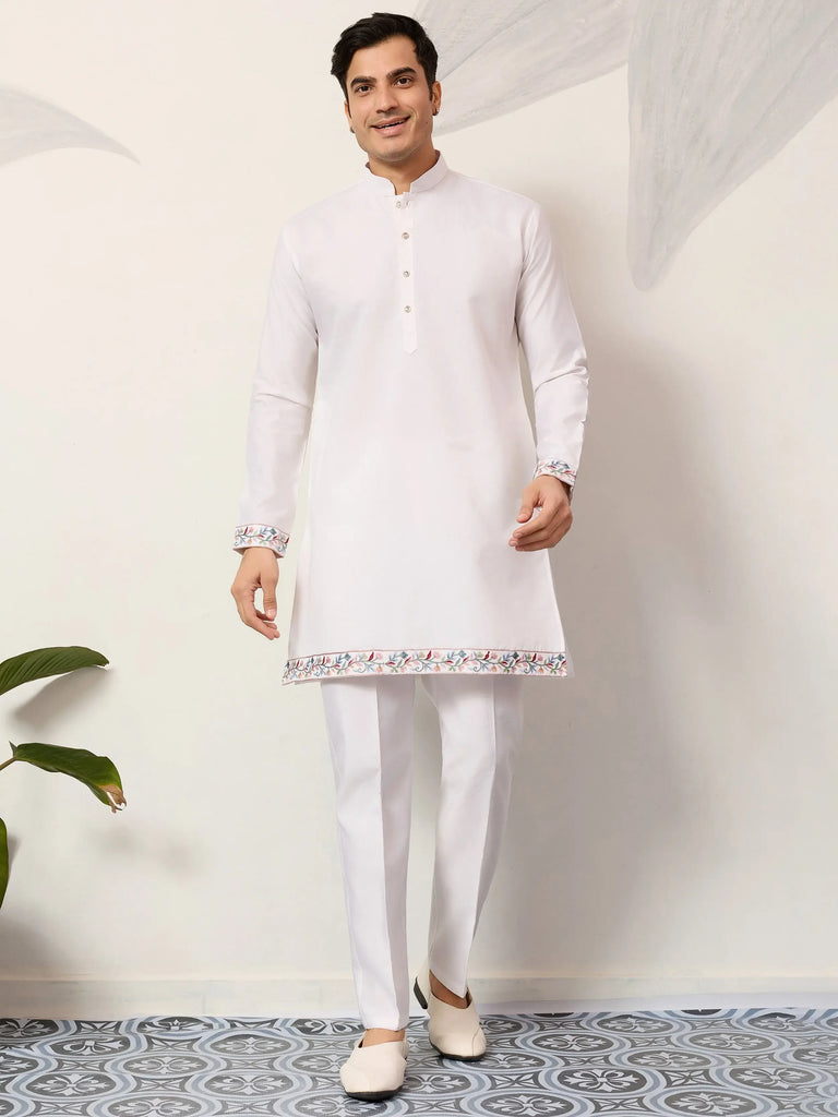 Lovely White Embroidered Silk Festive Wear Men’s Kurta Set With Jacket