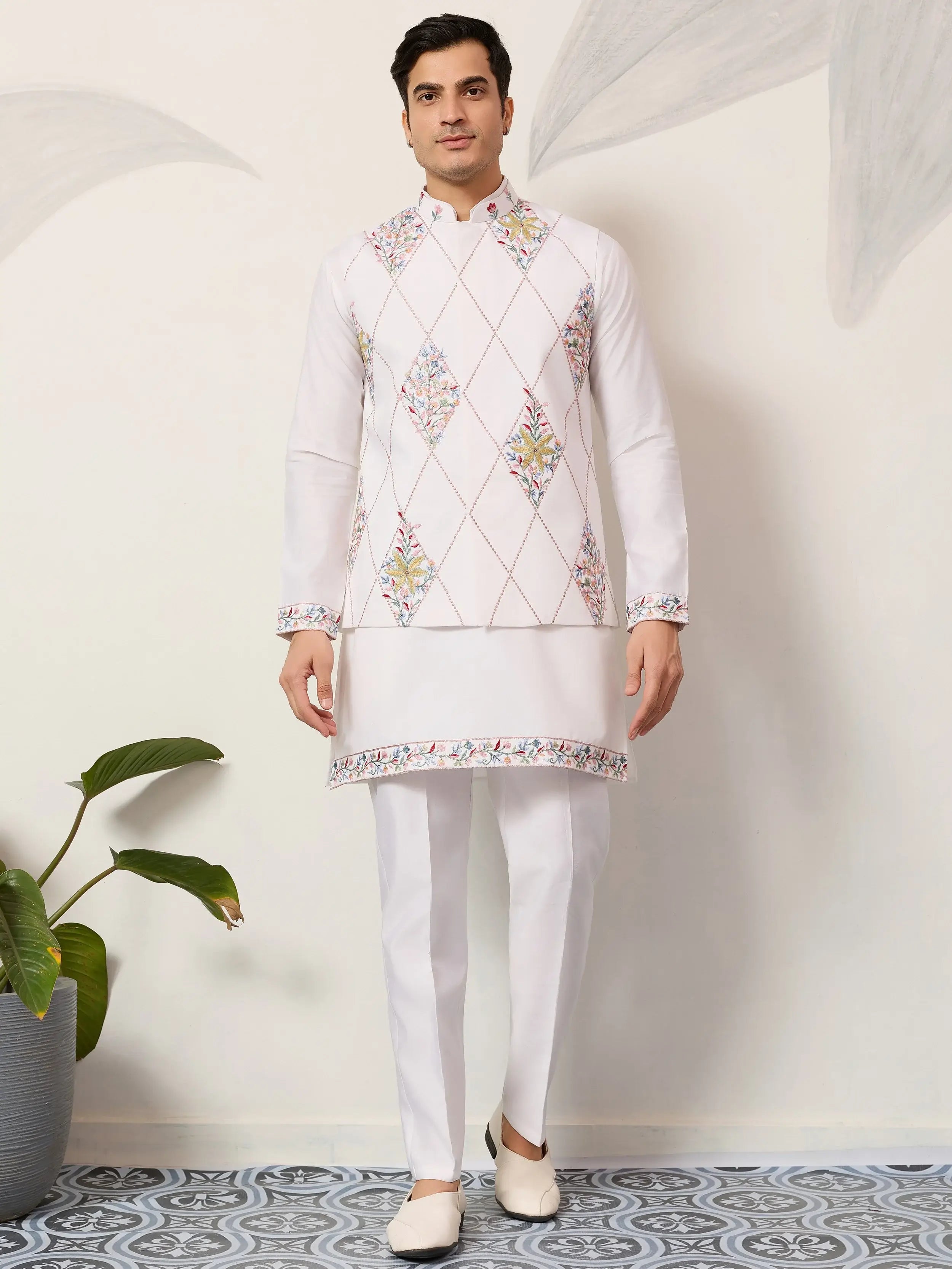 Lovely White Embroidered Silk Festive Wear Men’s Kurta Set With Jacket