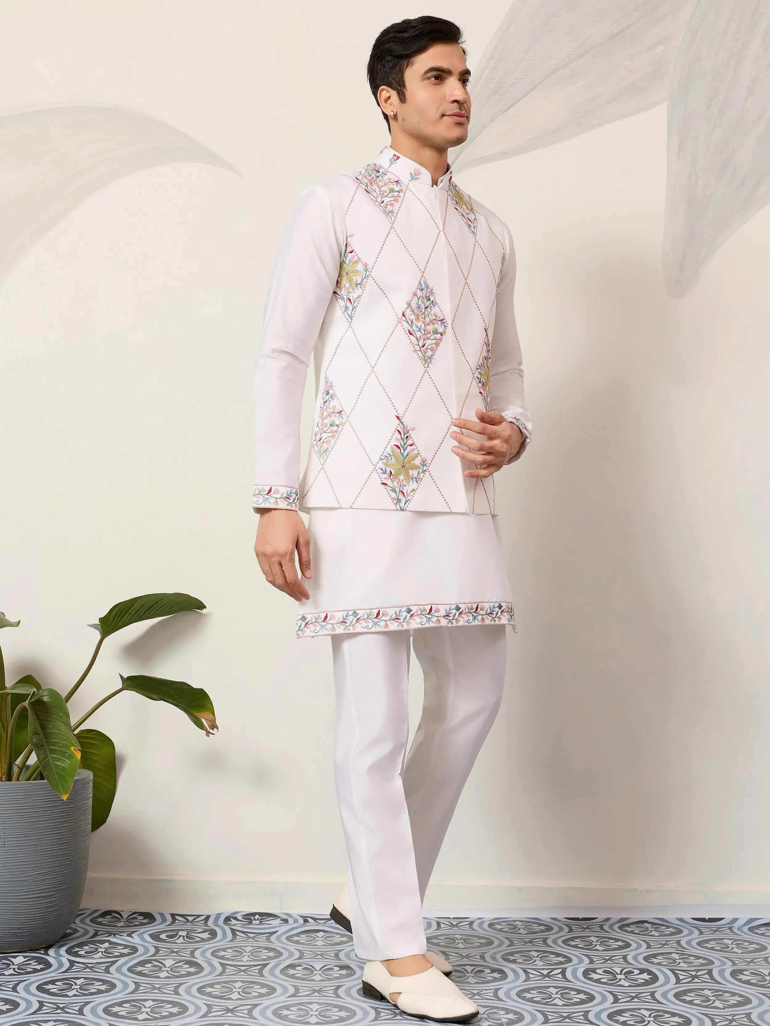 Lovely White Embroidered Silk Festive Wear Men’s Kurta Set With Jacket