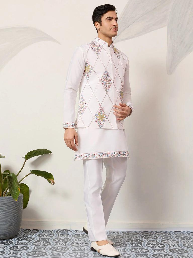 Lovely White Embroidered Silk Festive Wear Men’s Kurta Set With Jacket