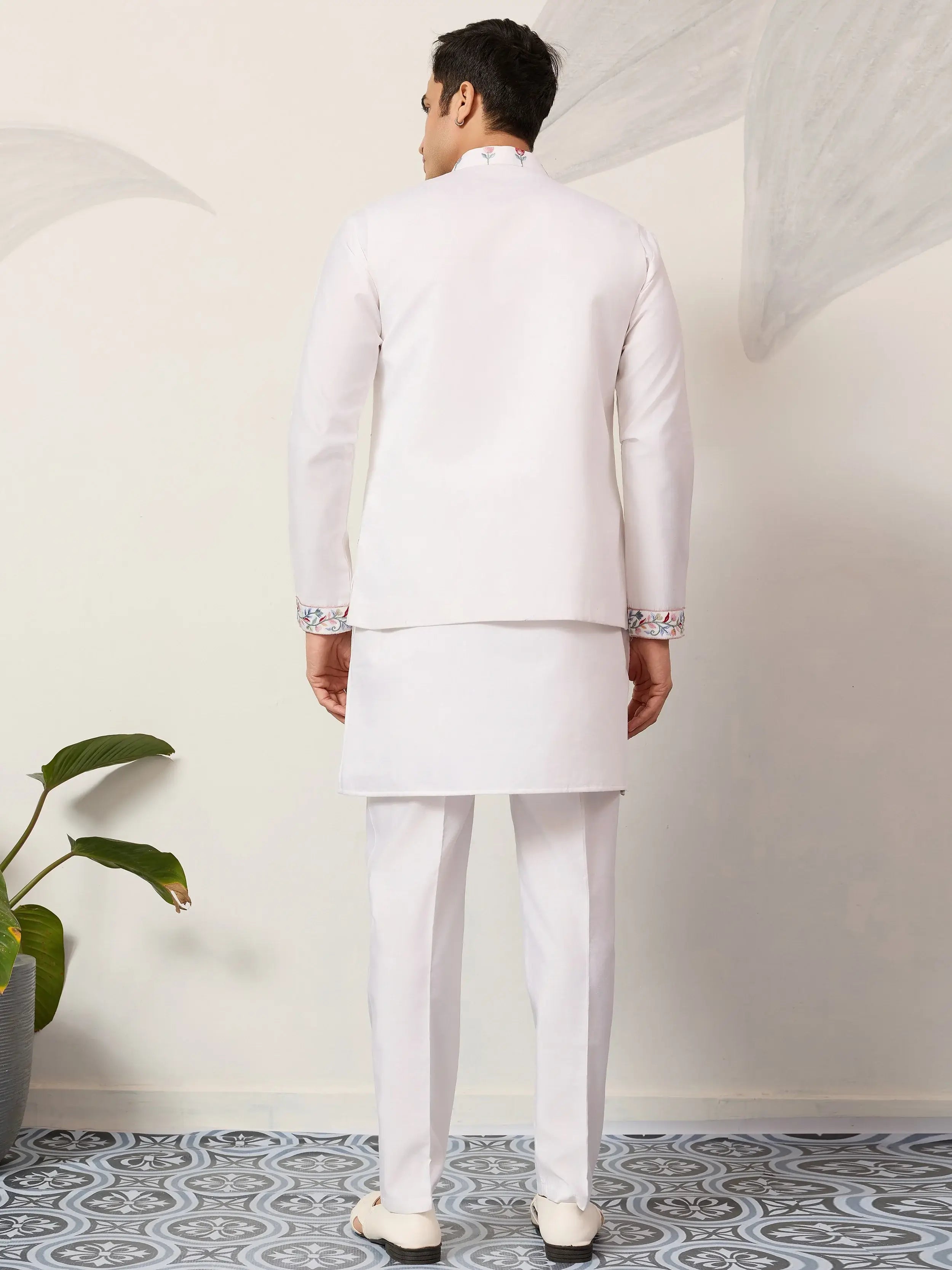 Lovely White Embroidered Silk Festive Wear Men’s Kurta Set With Jacket