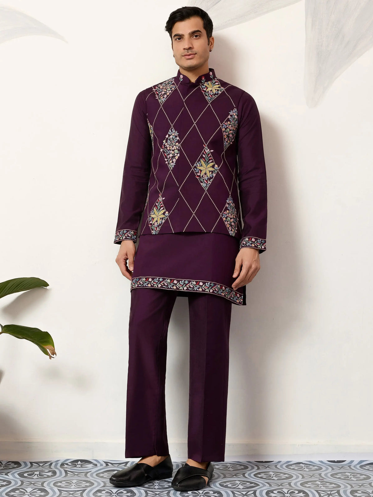 Pretty Wine Embroidered Silk Function Wear Men’s Kurta Set With Jacket