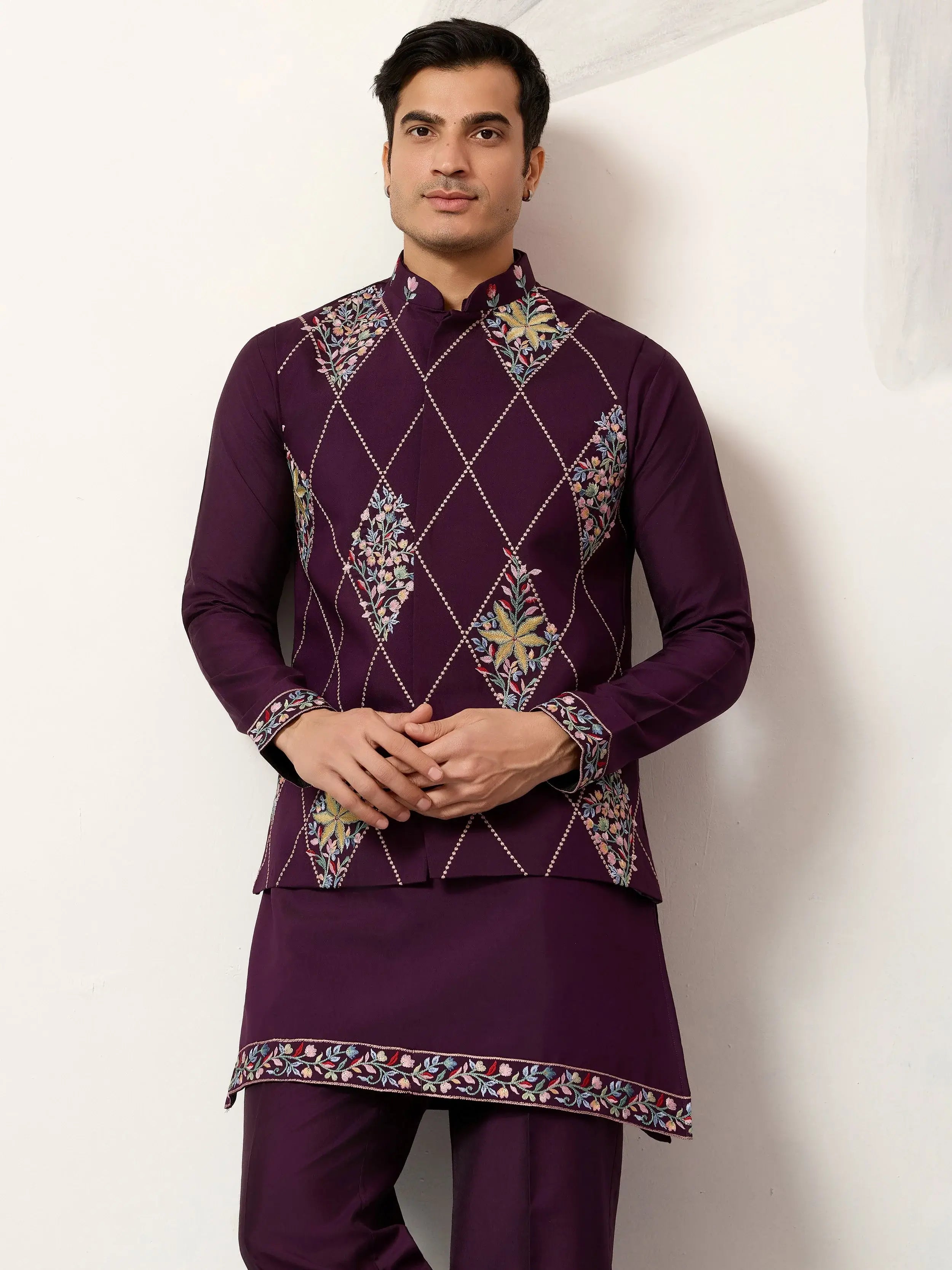 Pretty Wine Embroidered Silk Function Wear Men’s Kurta Set With Jacket