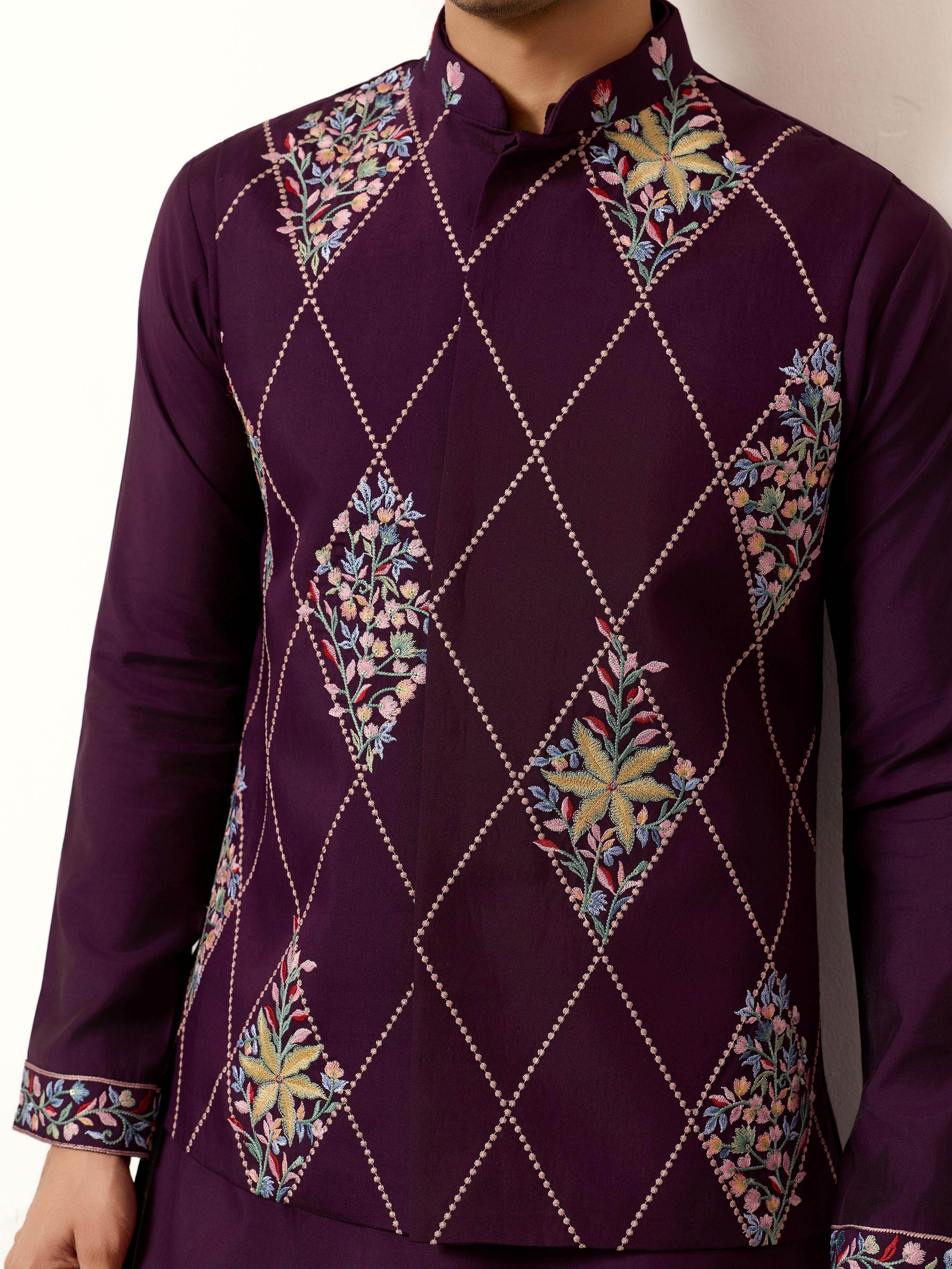 Pretty Wine Embroidered Silk Function Wear Men’s Kurta Set With Jacket