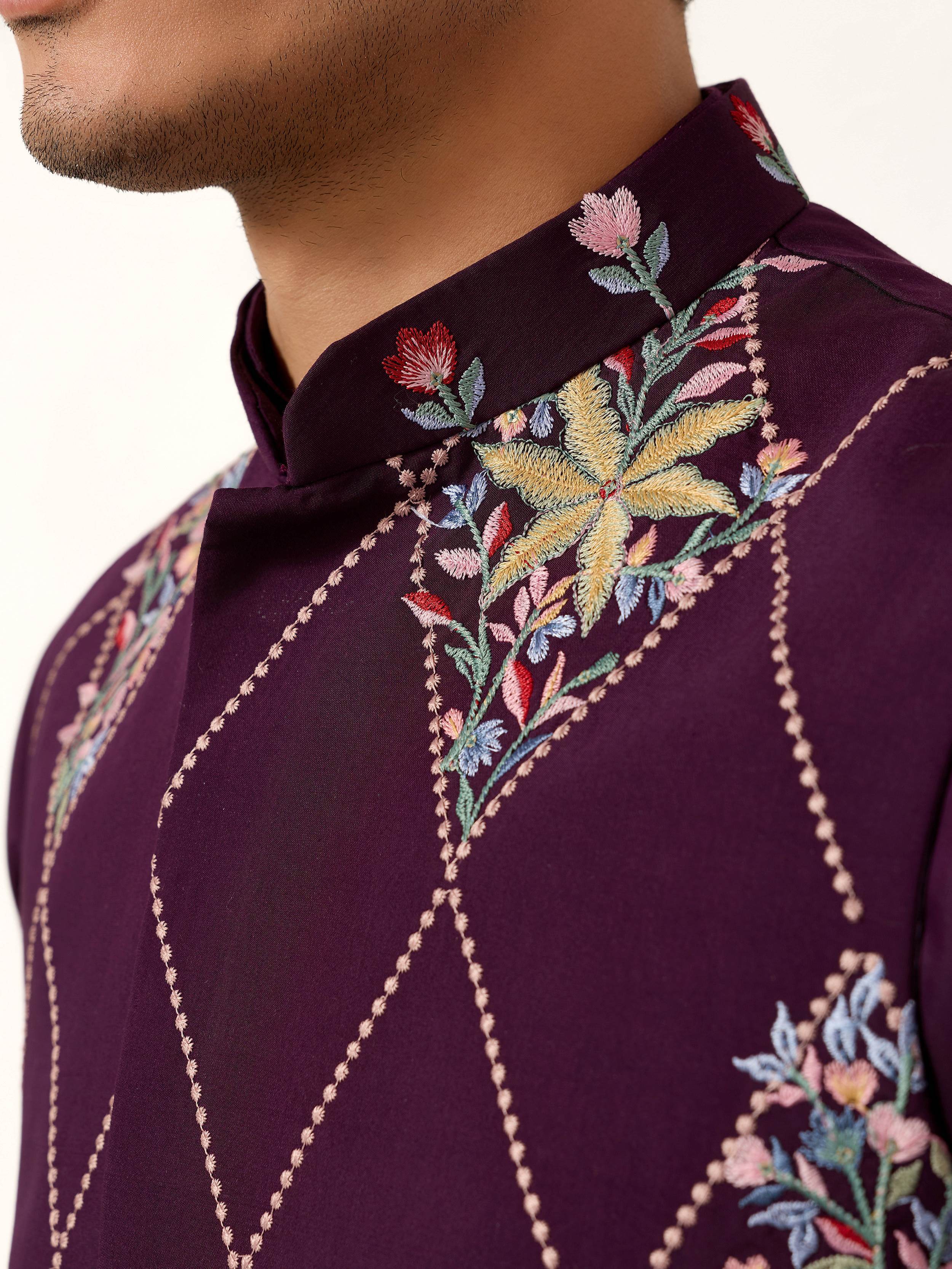 Pretty Wine Embroidered Silk Function Wear Men’s Kurta Set With Jacket