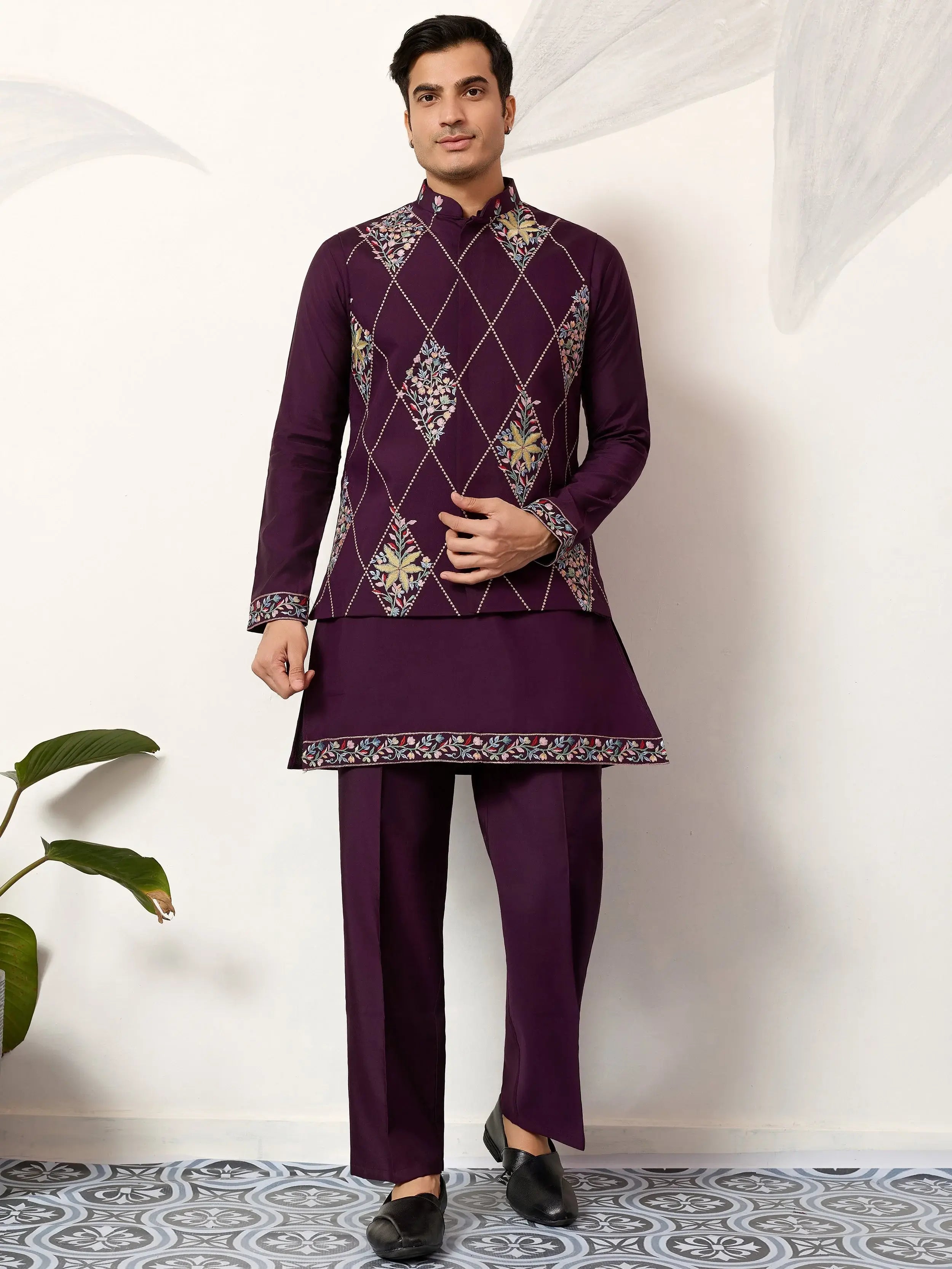 Pretty Wine Embroidered Silk Function Wear Men’s Kurta Set With Jacket