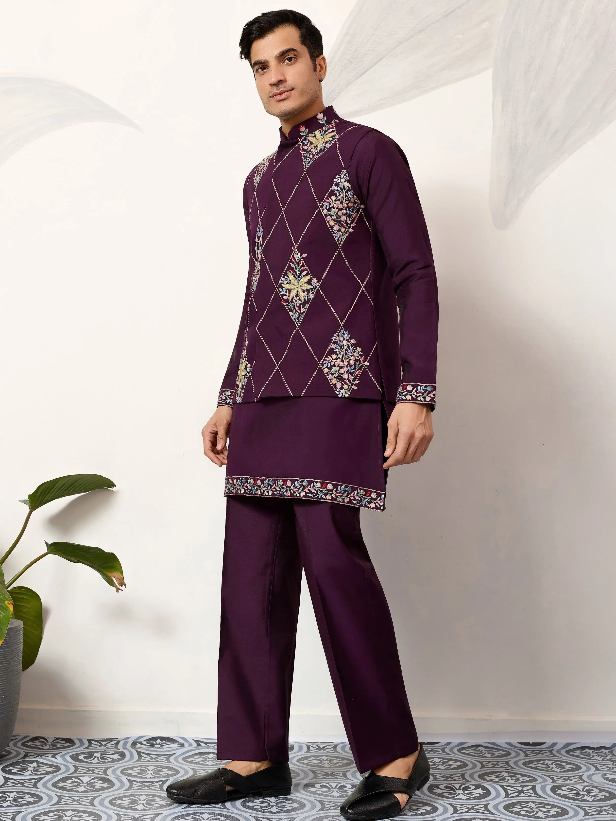 Pretty Wine Embroidered Silk Function Wear Men’s Kurta Set With Jacket