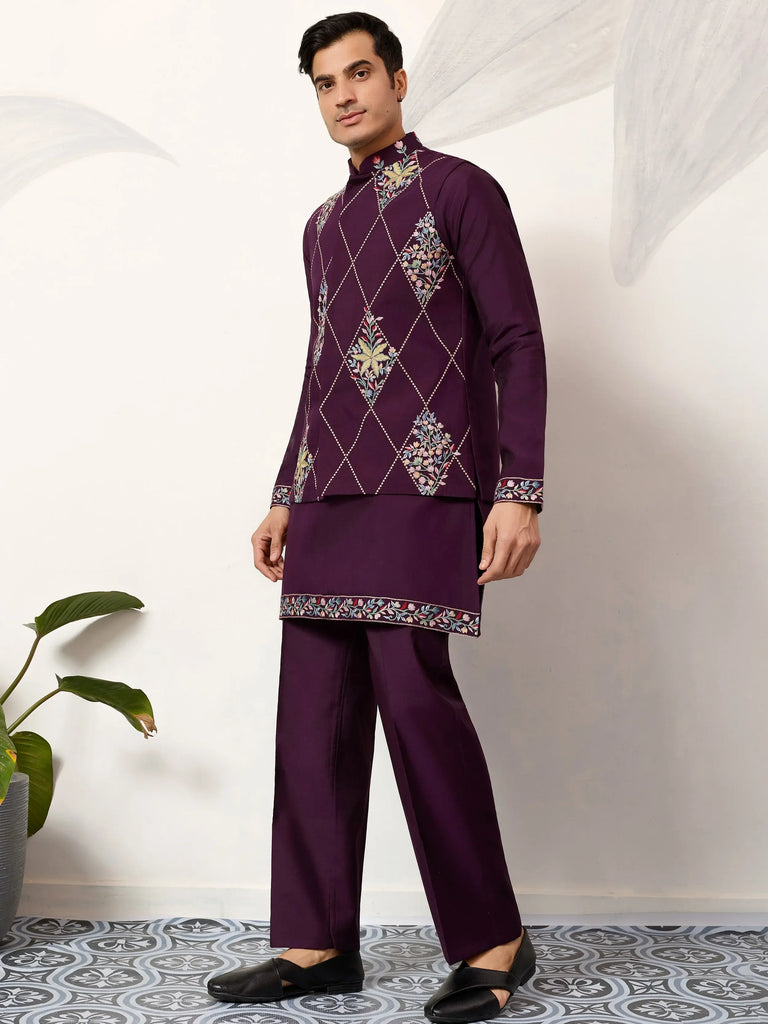 Pretty Wine Embroidered Silk Function Wear Men’s Kurta Set With Jacket