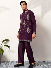 Pretty Wine Embroidered Silk Function Wear Men’s Kurta Set With Jacket