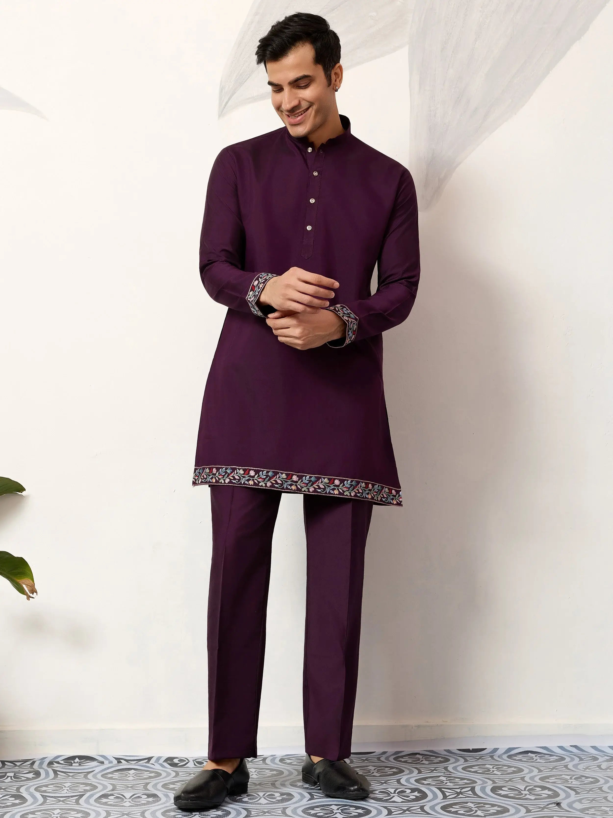 Pretty Wine Embroidered Silk Function Wear Men’s Kurta Set With Jacket