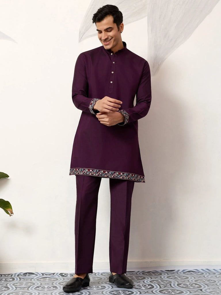 Pretty Wine Embroidered Silk Function Wear Men’s Kurta Set With Jacket