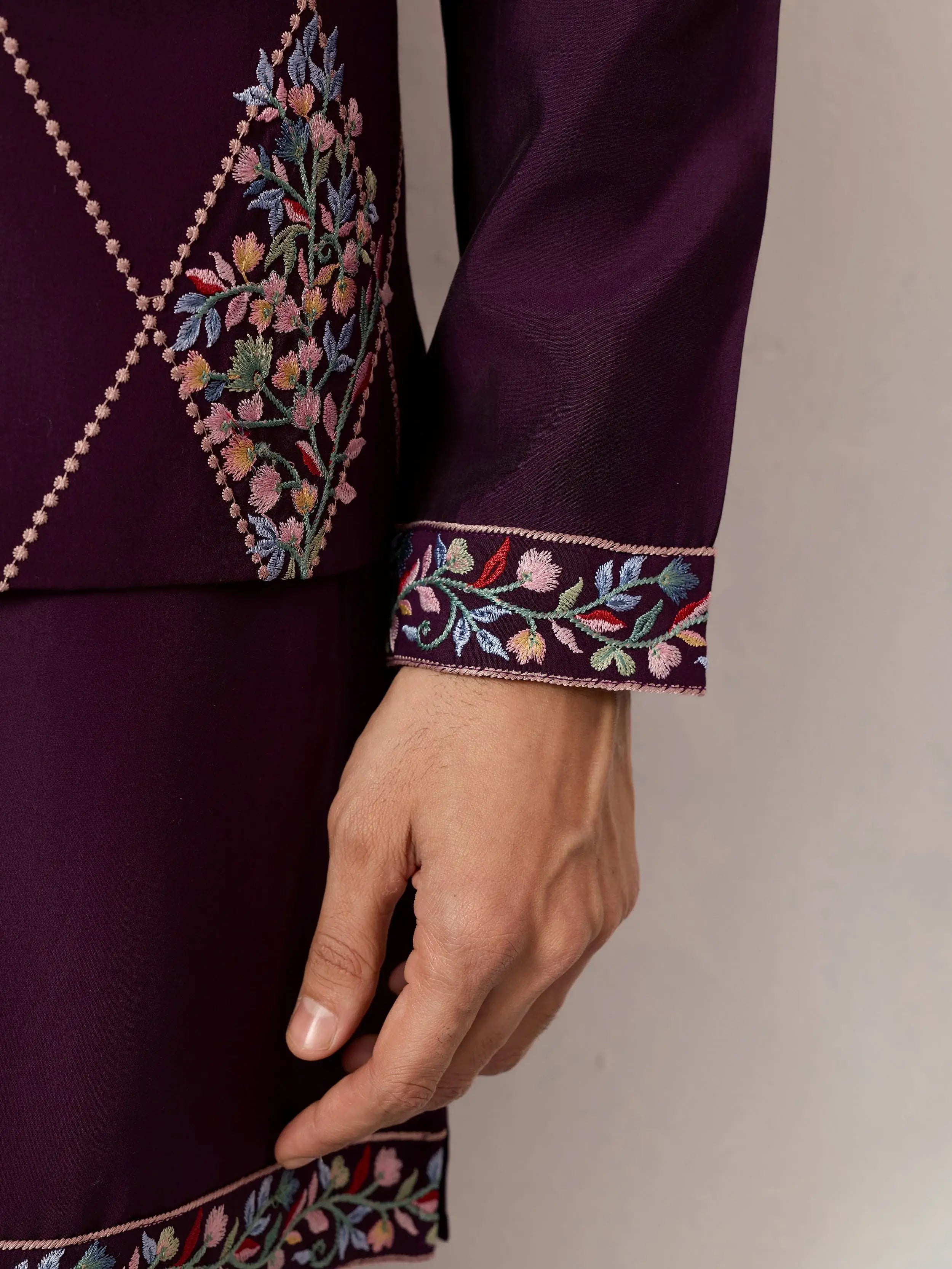 Pretty Wine Embroidered Silk Function Wear Men’s Kurta Set With Jacket