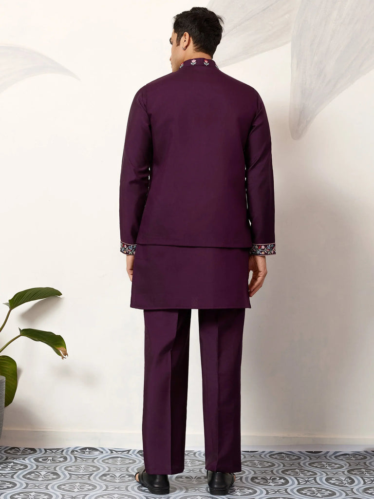 Pretty Wine Embroidered Silk Function Wear Men’s Kurta Set With Jacket