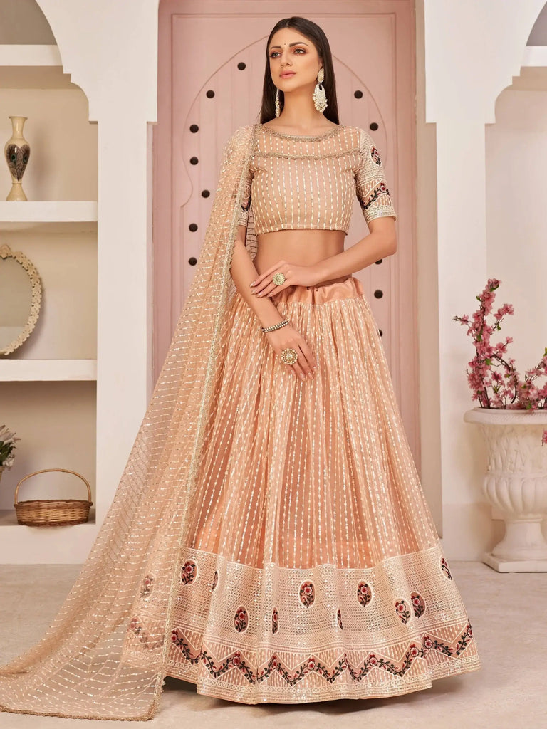 Perfect Peach Thread Embroidered Net Festive Wear Lehenga Choli
