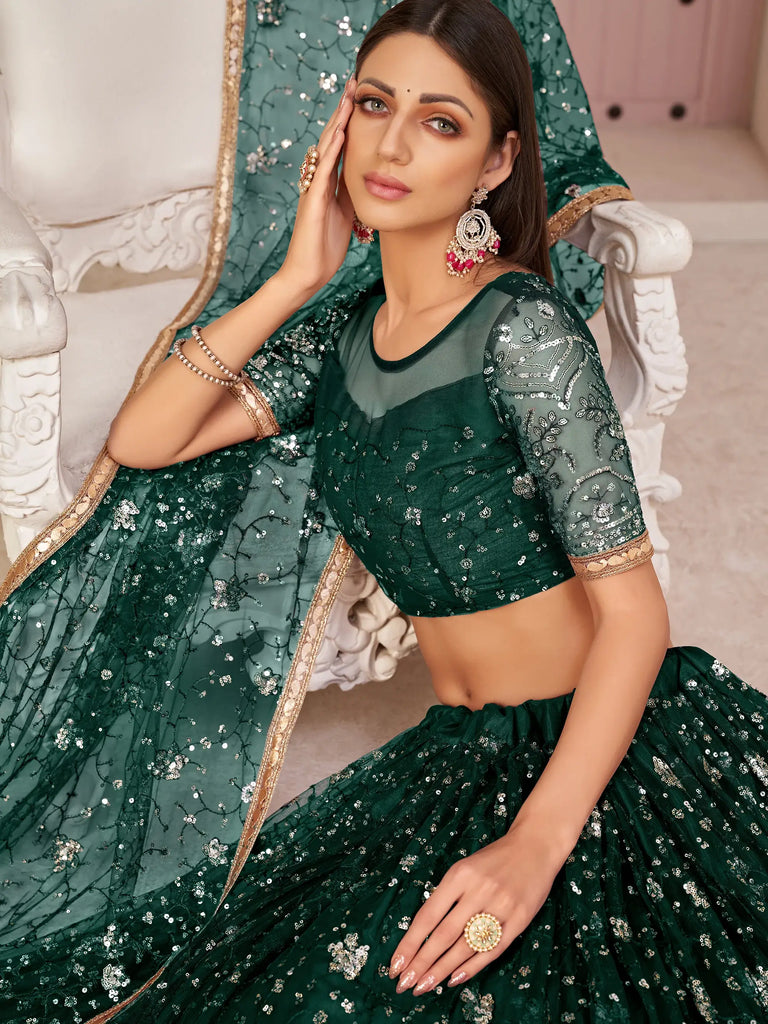 Awesome Bottle Green Sequins Embroidered Net  Lehenga Choli