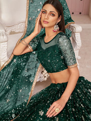 Awesome Bottle Green Sequins Embroidered Net  Lehenga Choli