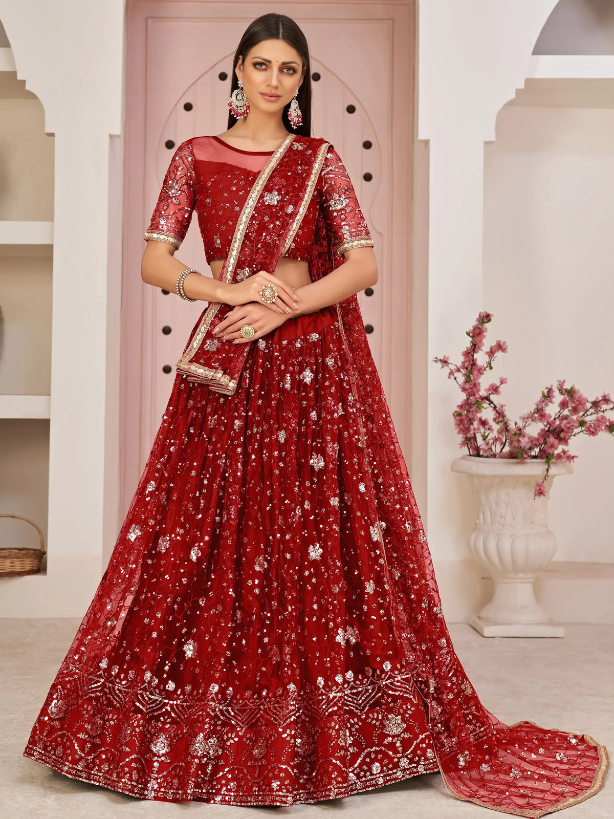 Fabulous Red Sequins Embroidered Net Lehenga Choli