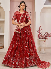 Fabulous Red Sequins Embroidered Net Lehenga Choli