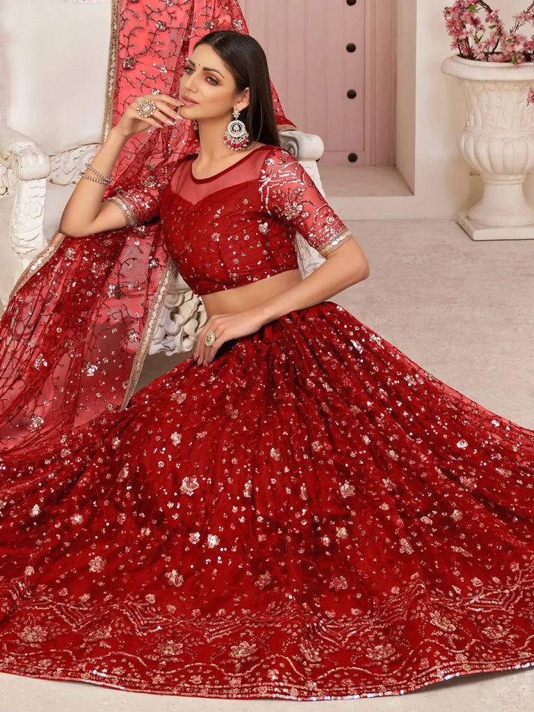 Fabulous Red Sequins Embroidered Net Lehenga Choli
