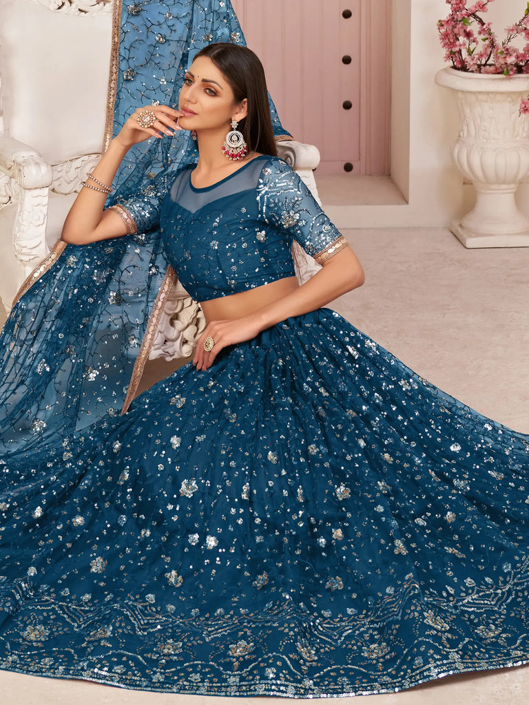 Amazing Blue Sequins Embroidered Net Lehenga Choli