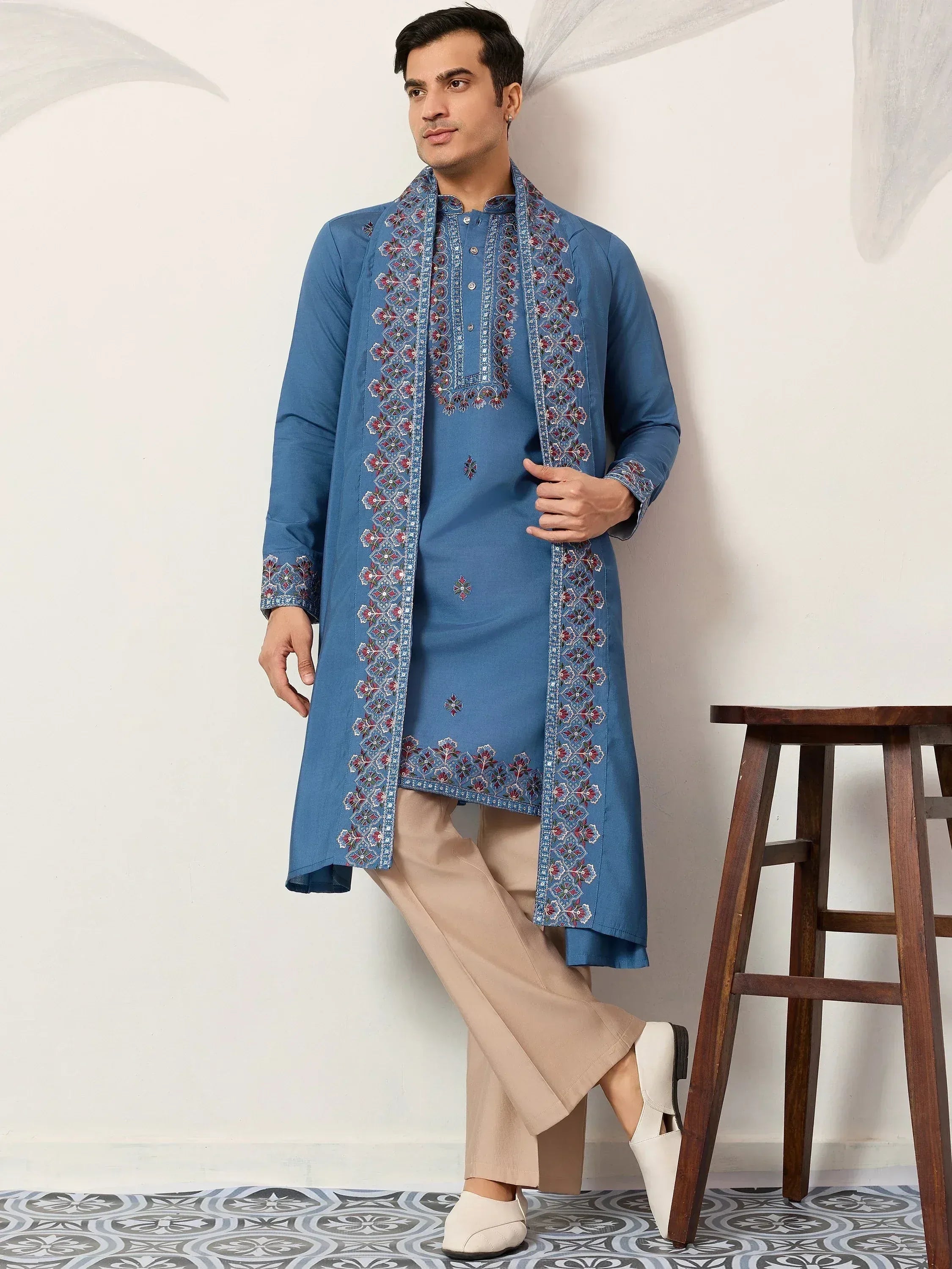 Alluring Blue Embroidered Silk Festival Wear Men’s Kurta With Dupatta