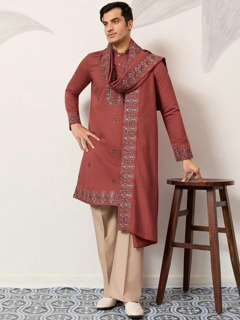 Great Dusty Pink Embroidered Silk Wedding Wear Men’s Kurta With Dupatta