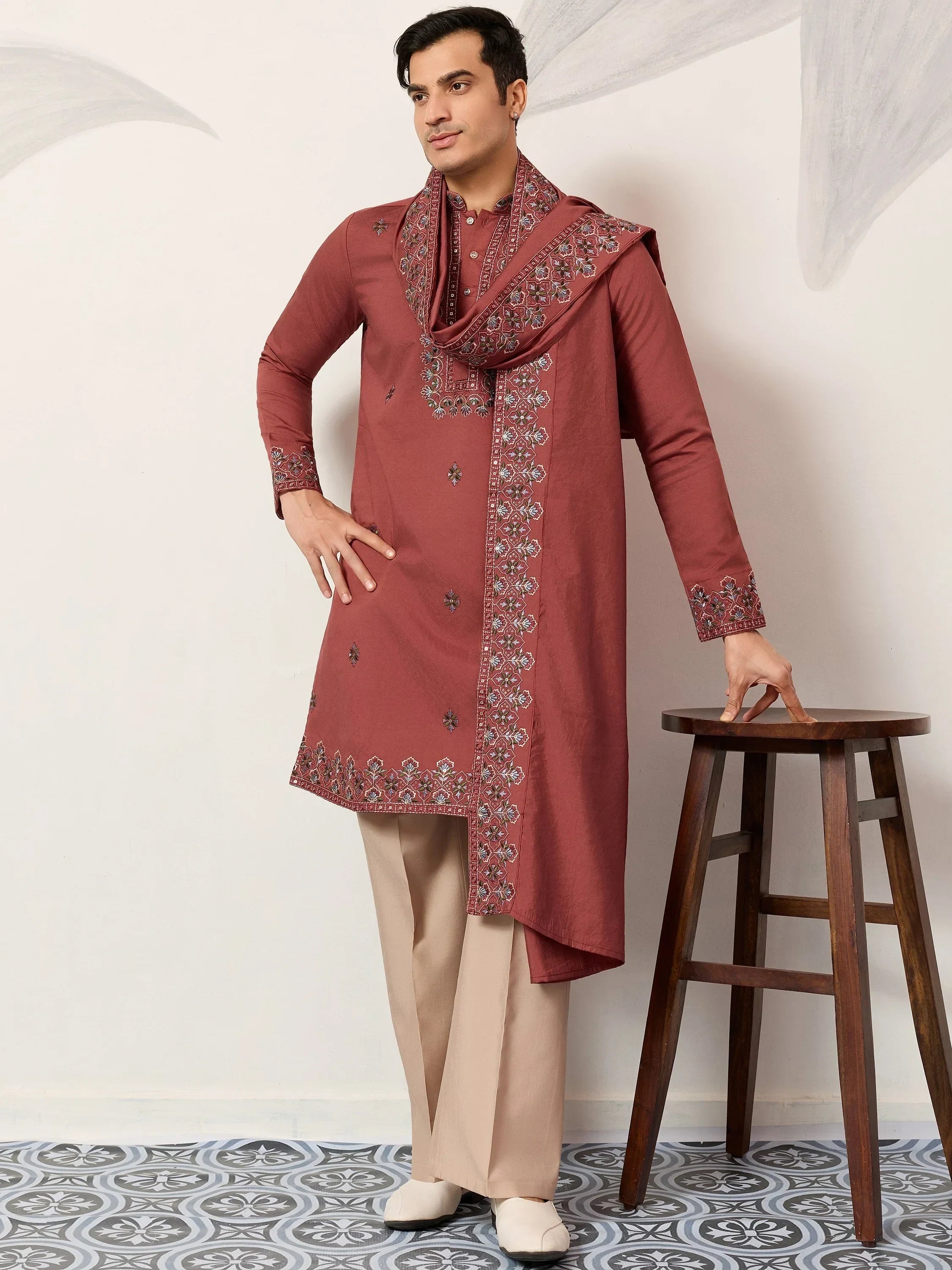 Great Dusty Pink Embroidered Silk Wedding Wear Men’s Kurta With Dupatta