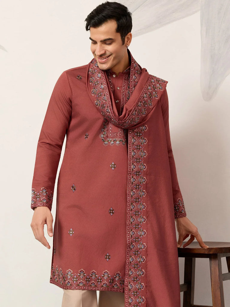 Great Dusty Pink Embroidered Silk Wedding Wear Men’s Kurta With Dupatta