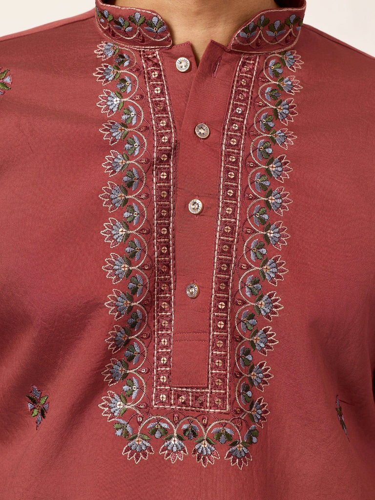 Great Dusty Pink Embroidered Silk Wedding Wear Men’s Kurta With Dupatta