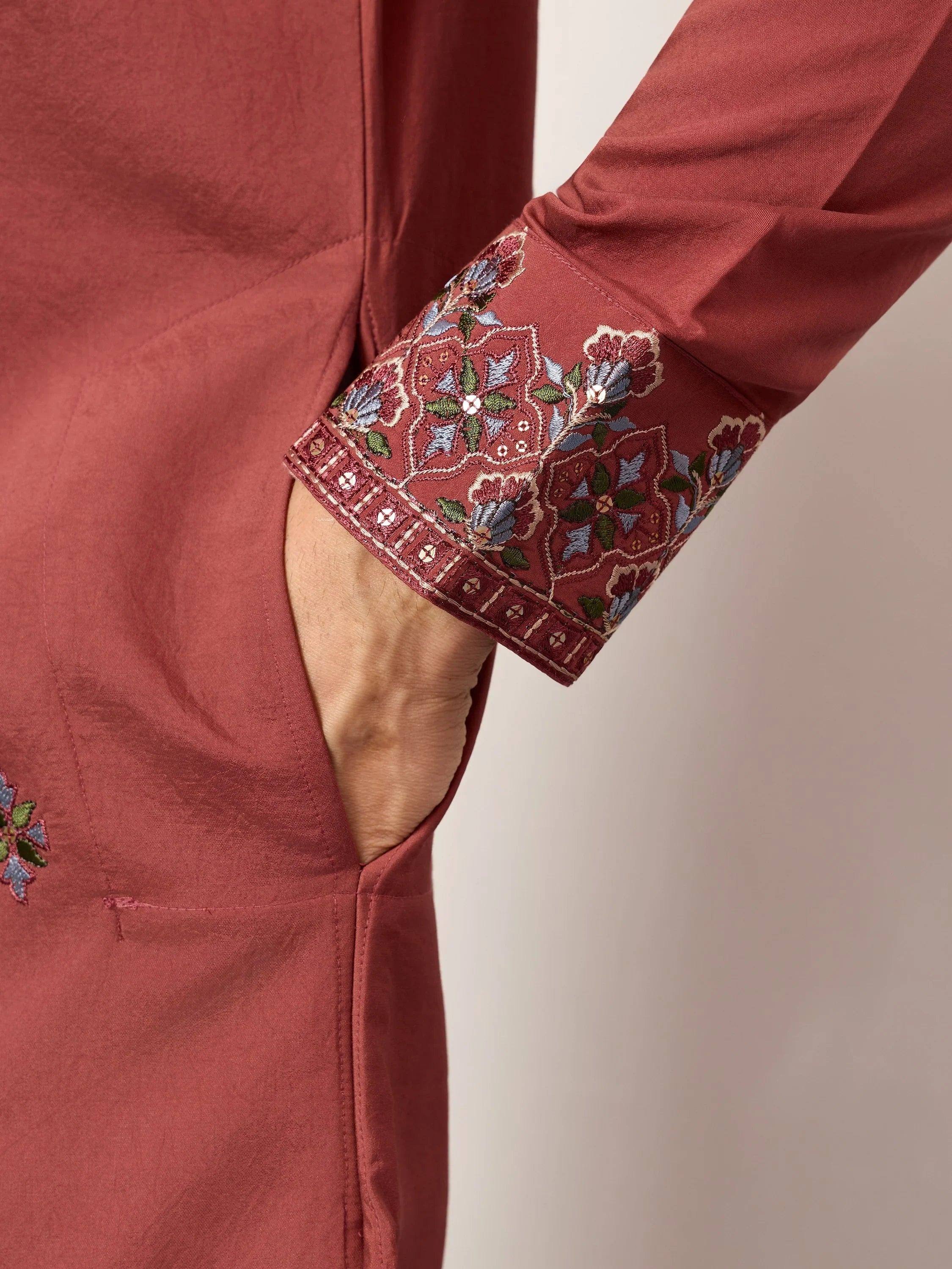 Great Dusty Pink Embroidered Silk Wedding Wear Men’s Kurta With Dupatta