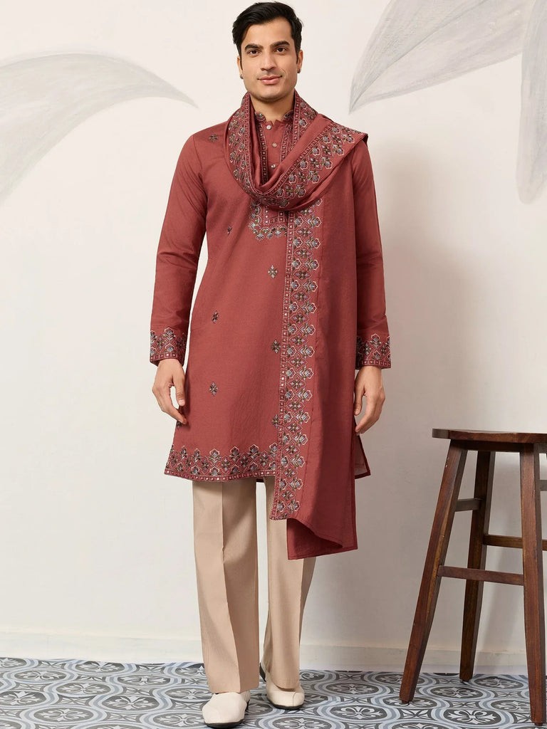 Great Dusty Pink Embroidered Silk Wedding Wear Men’s Kurta With Dupatta