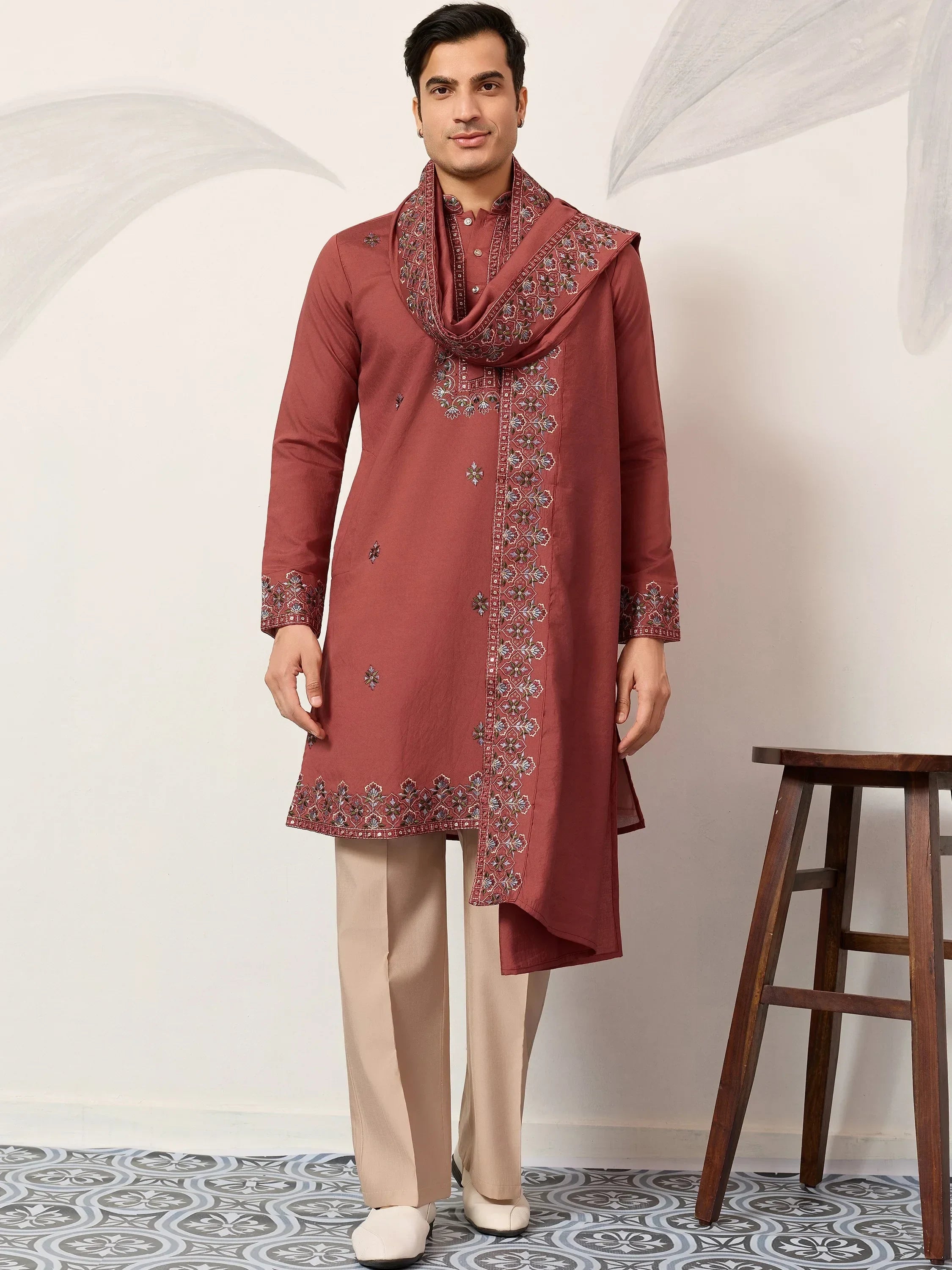 Great Dusty Pink Embroidered Silk Wedding Wear Men’s Kurta With Dupatta
