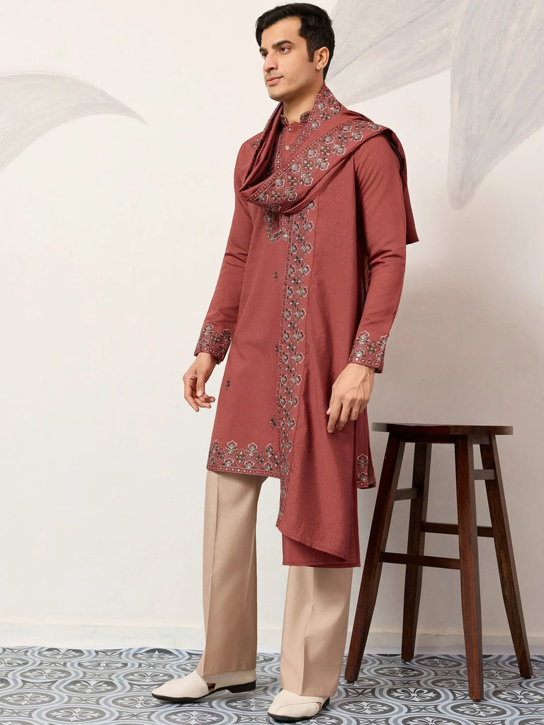 Great Dusty Pink Embroidered Silk Wedding Wear Men’s Kurta With Dupatta