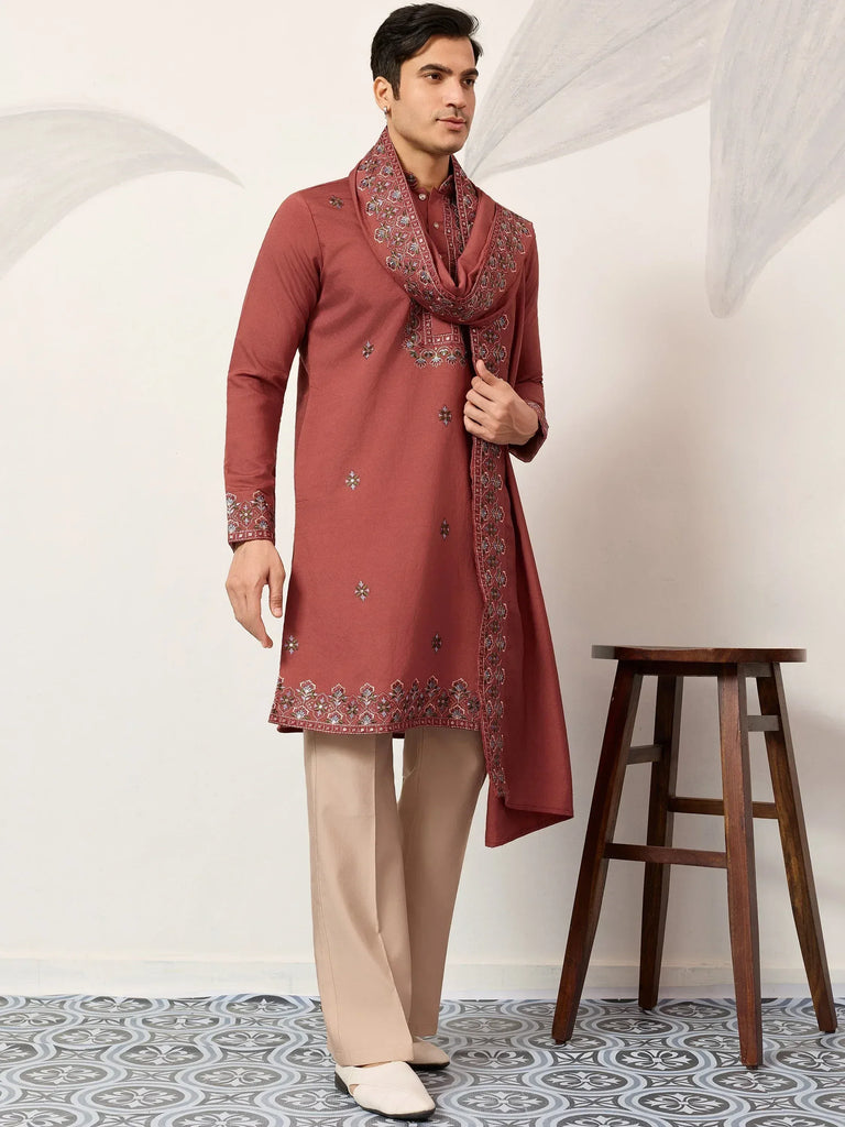Great Dusty Pink Embroidered Silk Wedding Wear Men’s Kurta With Dupatta