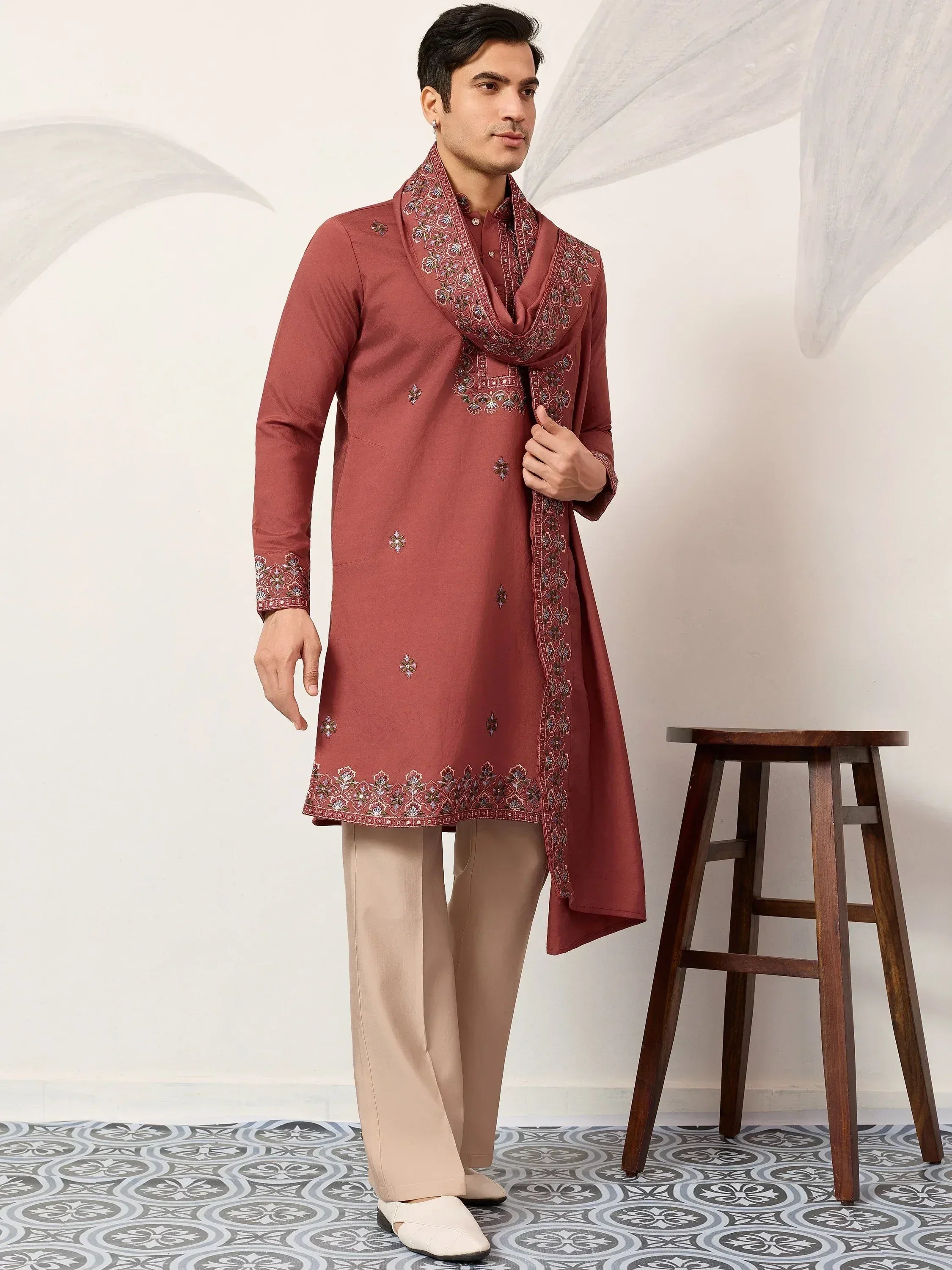 Great Dusty Pink Embroidered Silk Wedding Wear Men’s Kurta With Dupatta