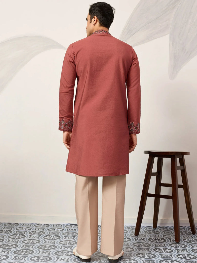 Great Dusty Pink Embroidered Silk Wedding Wear Men’s Kurta With Dupatta