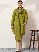 Amazing Green Embroidered Silk Function Wear Men’s Kurta With Dupatta