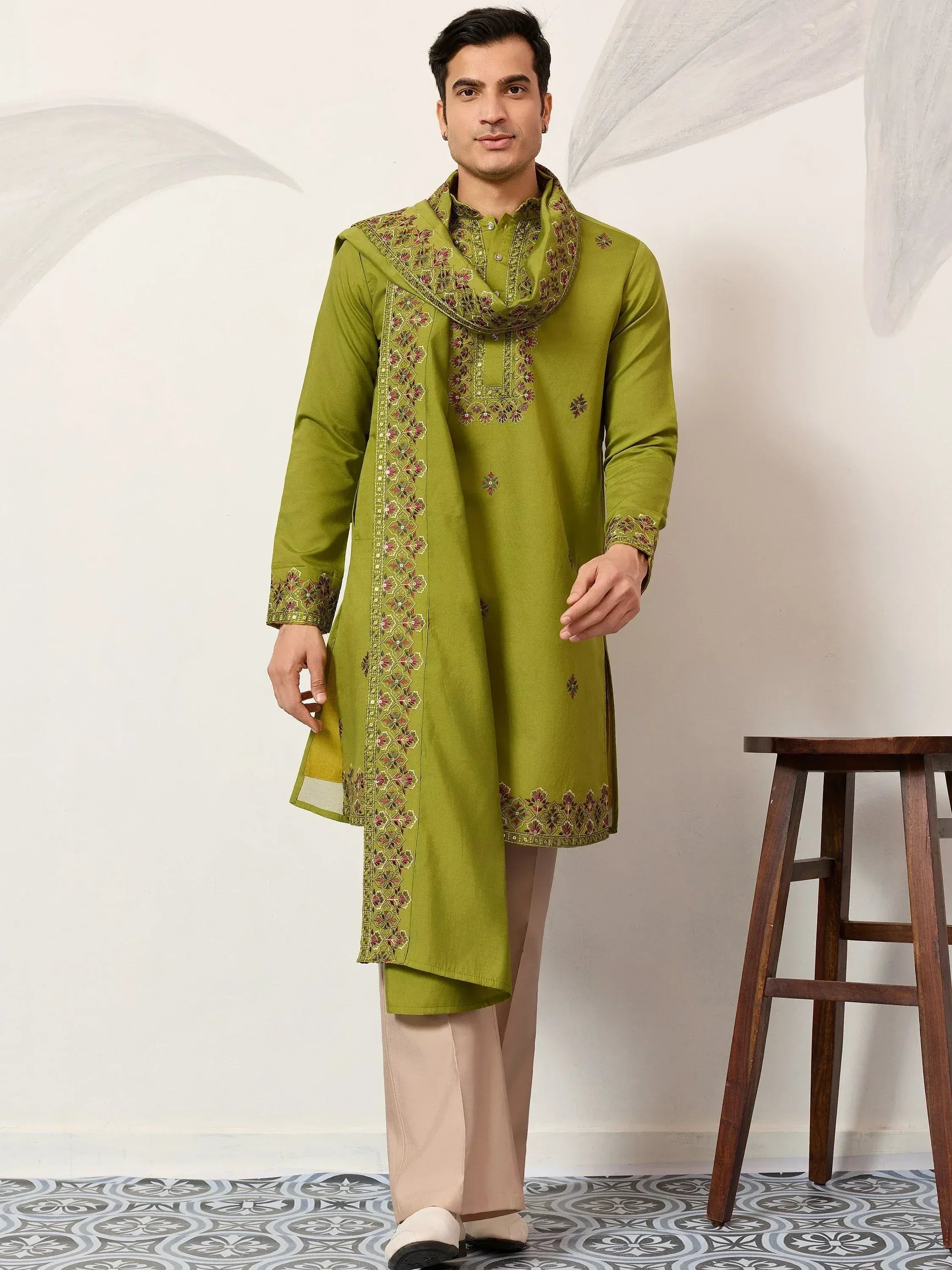 Amazing Green Embroidered Silk Function Wear Men’s Kurta With Dupatta