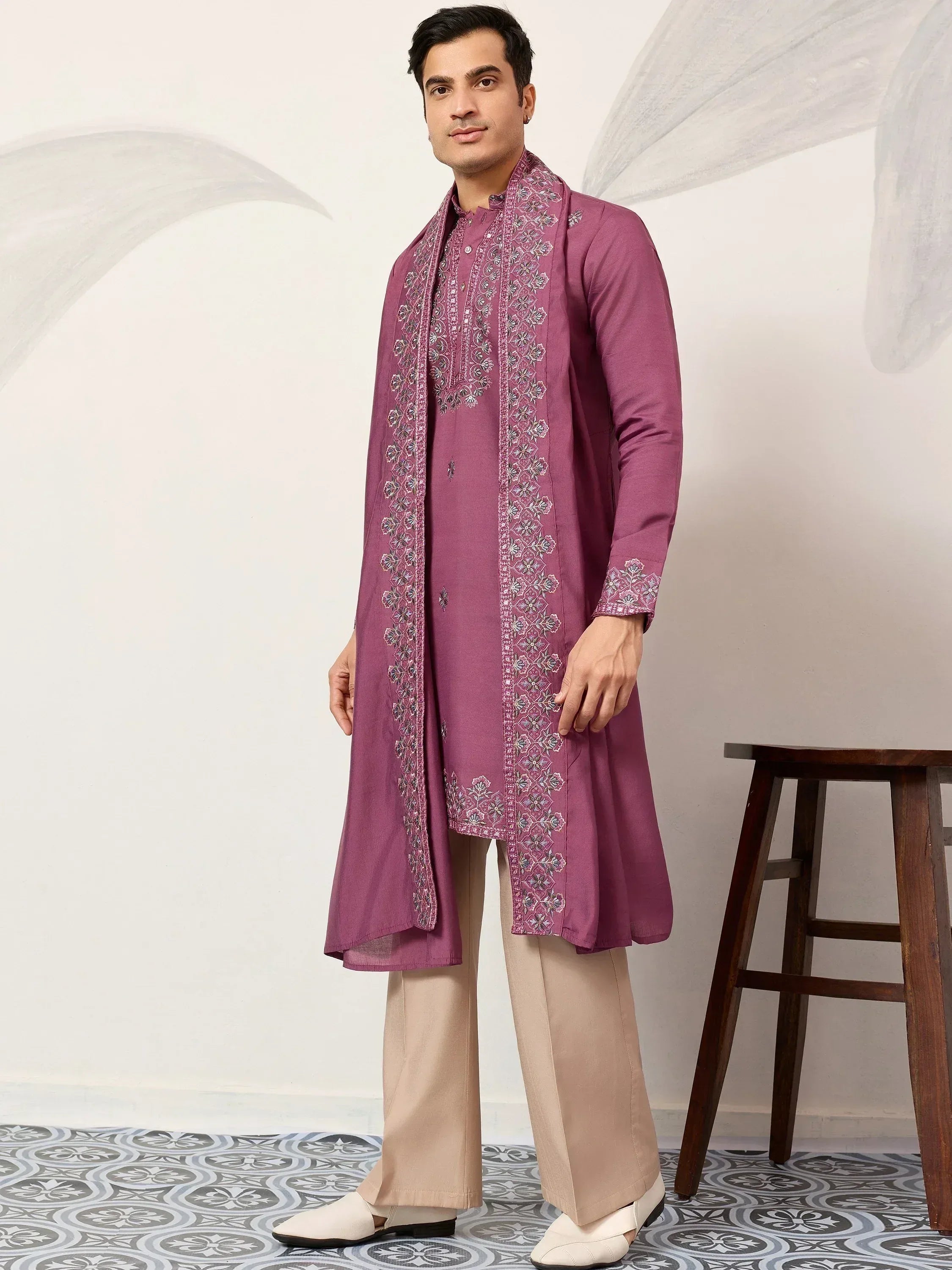 Classic Purple Embroidered Silk Festival Wear Men’s Kurta With Dupatta