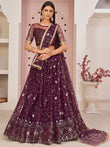 Wonderful Wine Thread Embroidered Net Festive Wear Lehenga Choli