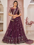 Wonderful Wine Thread Embroidered Net Festive Wear Lehenga Choli